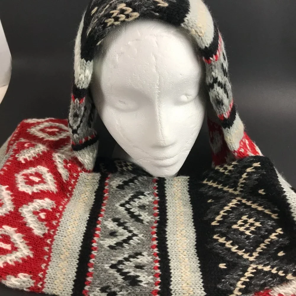 Native American inspired Knit Scarf, black/red/grey